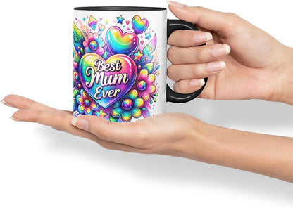 Vixar Best Mum Ever Rainbow Floral Mug – Coloured Ceramic Mug Cup Gift, 11oz (Black)
