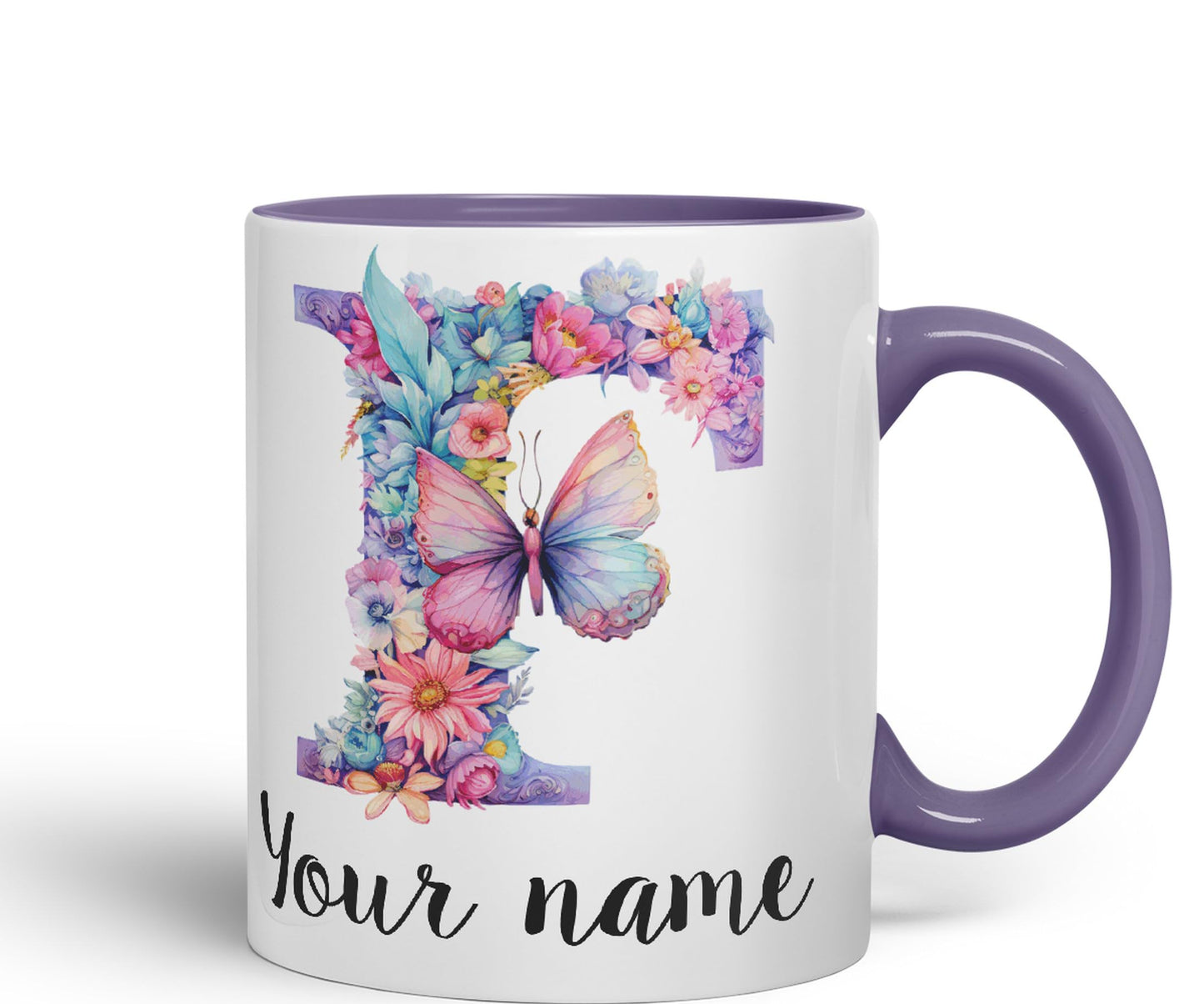 Personalised Letter F mug, Customized Custom Floral flowers butterfly Alphabet Letter F Monogram watercolour Ceramic Coloured Mug Cup for Tea Coffee Hot brew 330ml 11Oz Gift