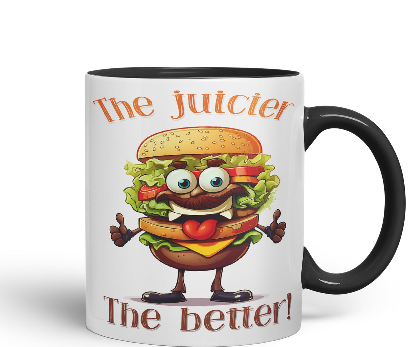 The Juicier The Better Burger, Joke sarkasm Sarcastic Ceramic Coloured Mug Cup for Tea Coffee Hot Brew 330ml 11Oz Gift