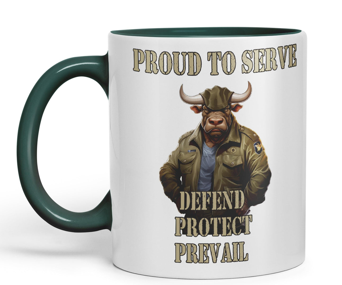 Proud to Serve Defend Protect Prevail Army Soldier Joke sarkasm Sarcastic Ceramic Coloured Mug Cup for Tea Coffee Hot Brew 330ml 11Oz Gift