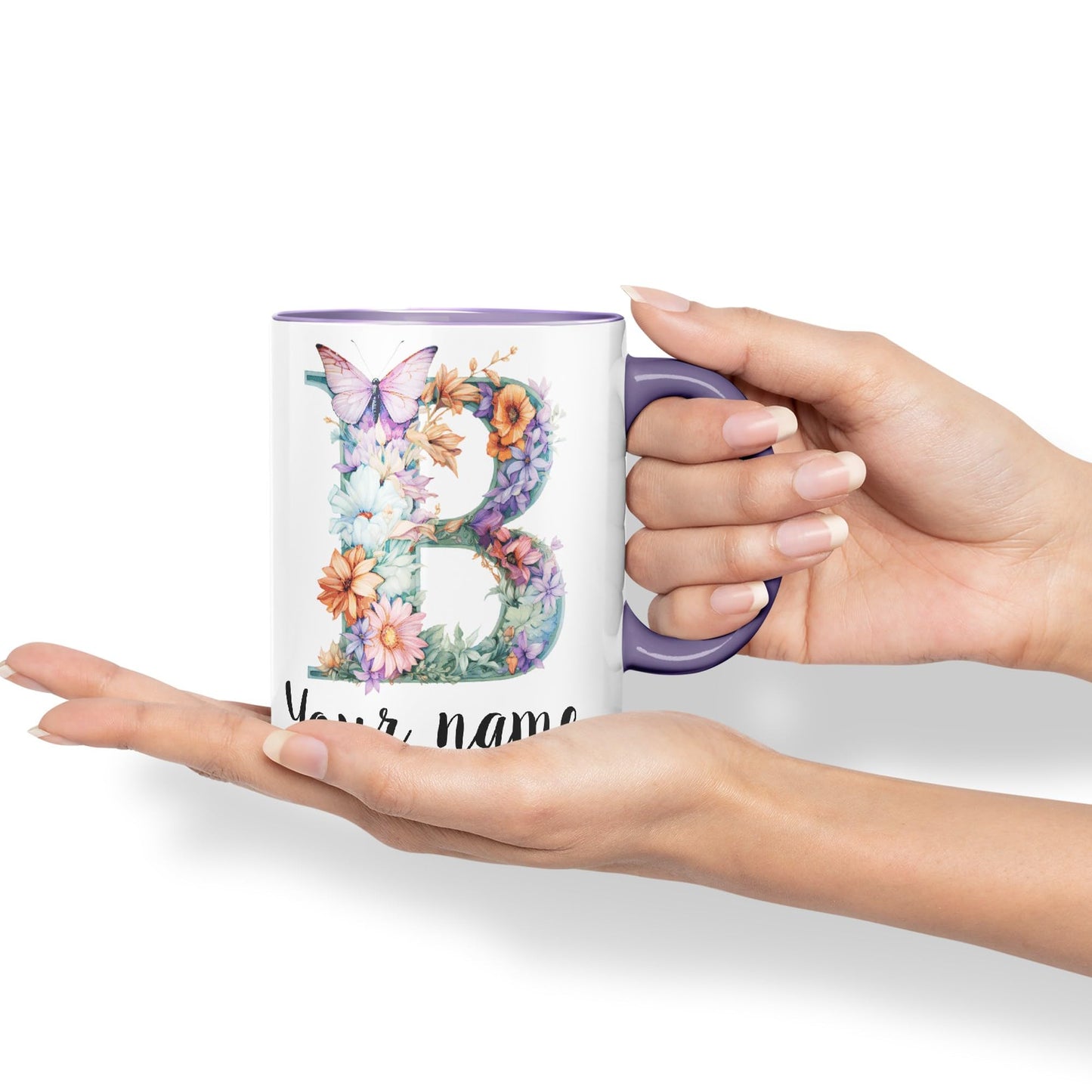 Personalised Letter B mug, Customized Custom Floral flowers butterfly Alphabet Letter B Monogram watercolour Ceramic Coloured Mug Cup for Tea Coffee Hot brew 330ml 11Oz Gift