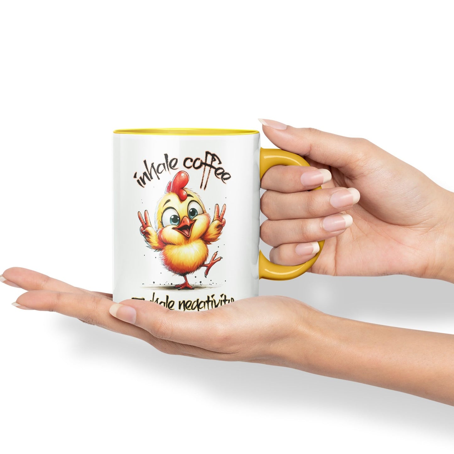 Inhale Coffee Exhale Negativity Chicken Joke sarkasm Sarcastic Ceramic Coloured Mug Cup for Tea Coffee Hot Brew 330ml 11Oz Gift