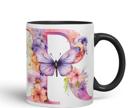Letter R mug, Floral flowers butterfly Alphabet Letter R Monogram watercolour Ceramic Coloured Mug Cup for Tea Coffee Hot brew 330ml 11Oz Gift