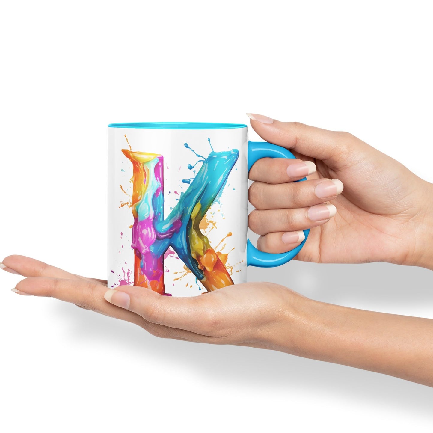Letter K mug, Alphabet Letter K Monogram watercolour Ceramic Coloured Mug Cup for Tea Coffee Hot brew 330ml 11Oz Gift