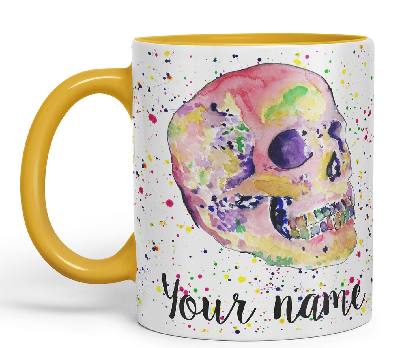 Vixar Personalised with Your Text Skull Watercolour Art Coloured Ceramic Mug Cup Gift 330ml 11oz Custom Work Office Tea Coffee (O2)