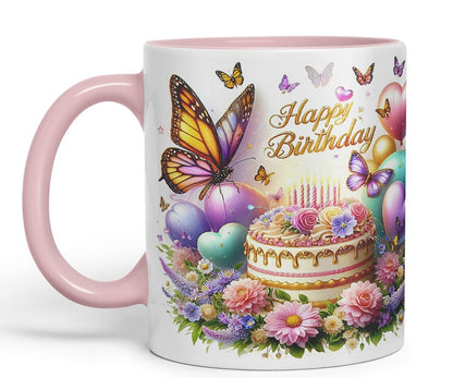 Vixar Happy Birthday Butterflies Over Cake Coloured Ceramic Mug Cup Gift 11oz V12 (Black)