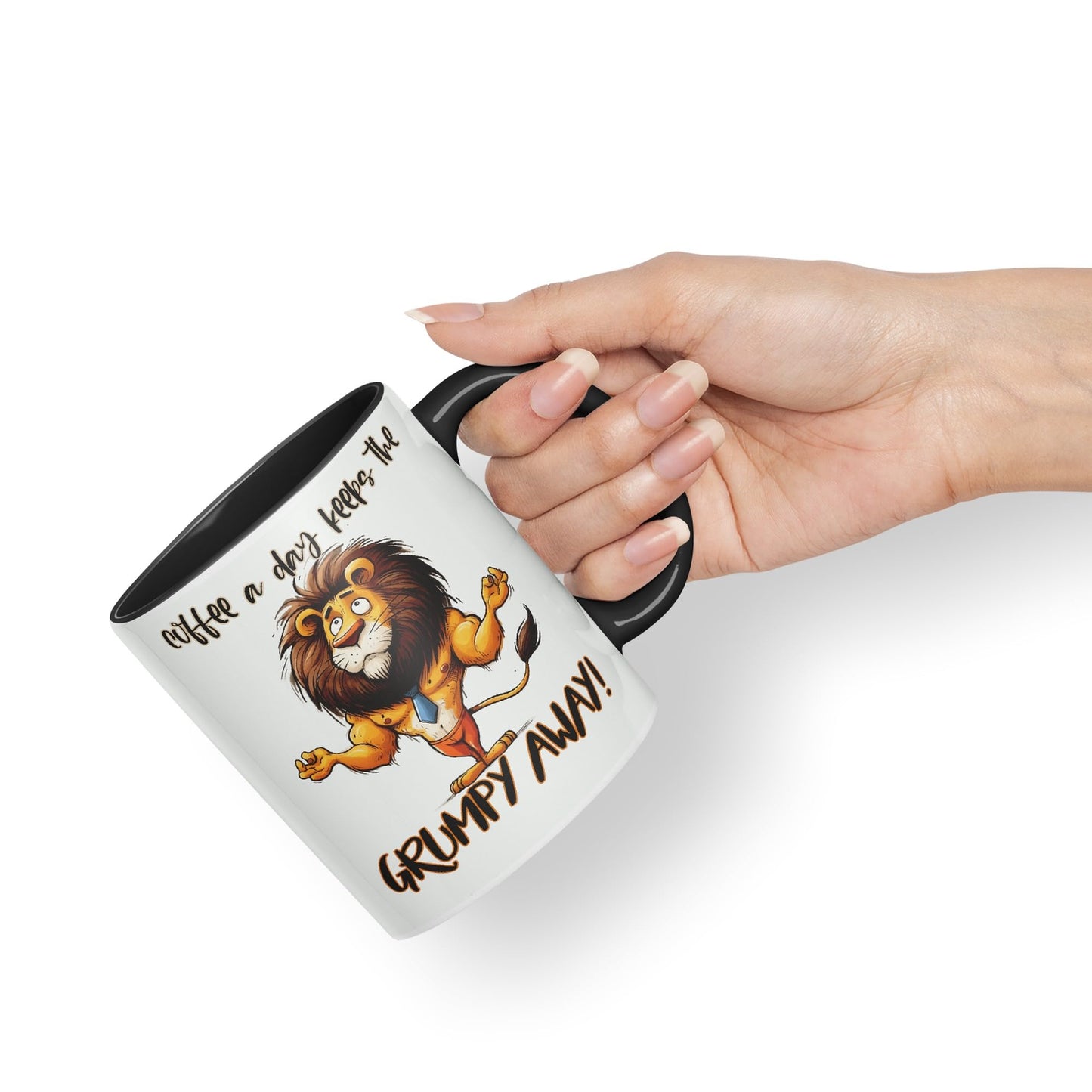 Coffee a Day Keeps The Grumy Away! Lion Joke sarkasm Sarcastic Ceramic Coloured Mug Cup for Tea Coffee Hot Brew 330ml 11Oz Gift