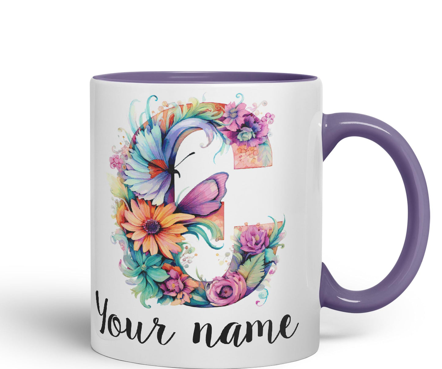 Personalised Letter C mug, Customized Custom Floral flowers butterfly Alphabet Letter C Monogram watercolour Ceramic Coloured Mug Cup for Tea Coffee Hot brew 330ml 11Oz Gift