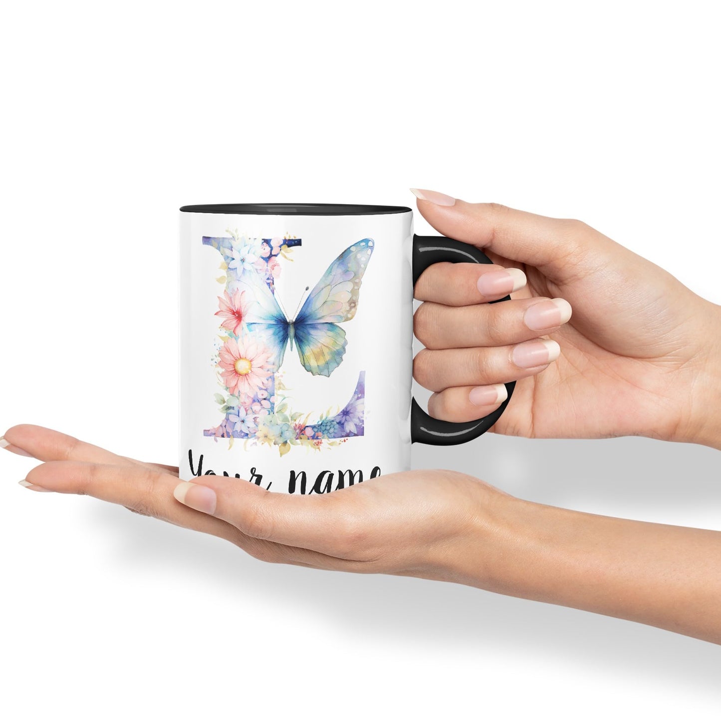 Personalised Letter L mug, Customized Custom Floral flowers butterfly Alphabet Letter L Monogram watercolour Ceramic Coloured Mug Cup for Tea Coffee Hot brew 330ml 11Oz Gift