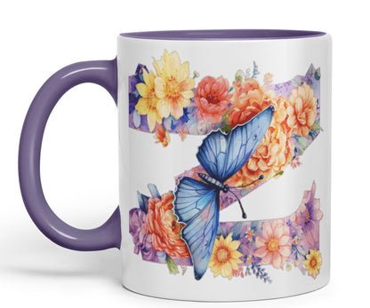 Letter Z mug, Floral flowers butterfly Alphabet Letter Z Monogram watercolour Ceramic Coloured Mug Cup for Tea Coffee Hot brew 330ml 11Oz Gift