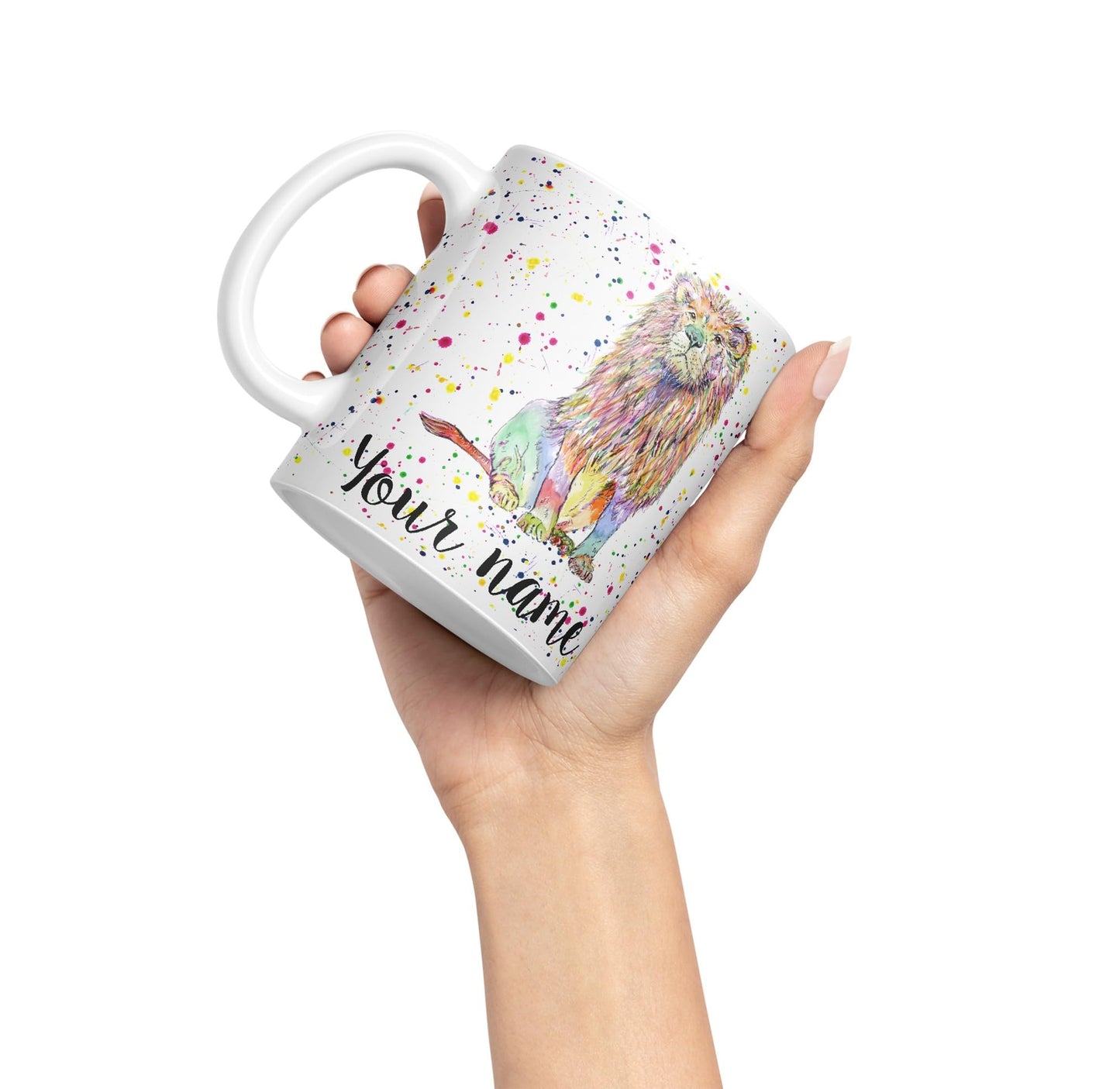 Vixar Personalised with Your Text Lion Cat King Safari Animals Watercolour Art Coloured Ceramic Mug Cup Gift 330ml 11oz Custom Work Office Tea Coffee