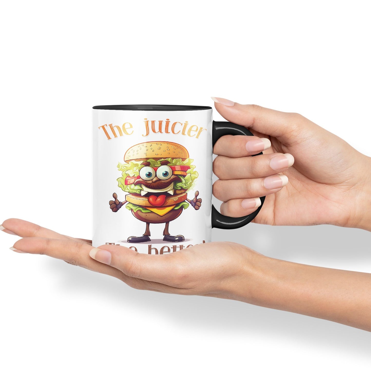 The Juicier The Better Burger, Joke sarkasm Sarcastic Ceramic Coloured Mug Cup for Tea Coffee Hot Brew 330ml 11Oz Gift