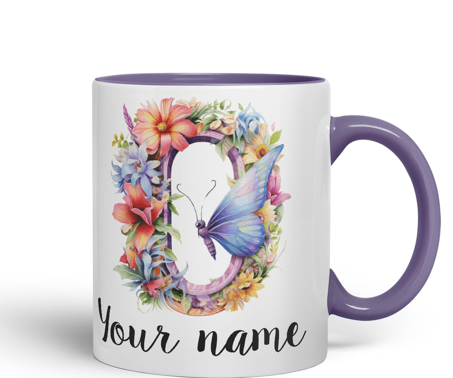 Personalised Letter O mug, Customized Custom Floral flowers butterfly Alphabet Letter O Monogram watercolour Ceramic Coloured Mug Cup for Tea Coffee Hot brew 330ml 11Oz Gift