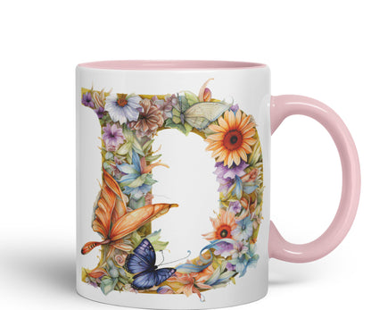 Letter D mug, Floral flowers butterfly Alphabet Letter D Monogram watercolour Ceramic Coloured Mug Cup for Tea Coffee Hot brew 330ml 11Oz Gift