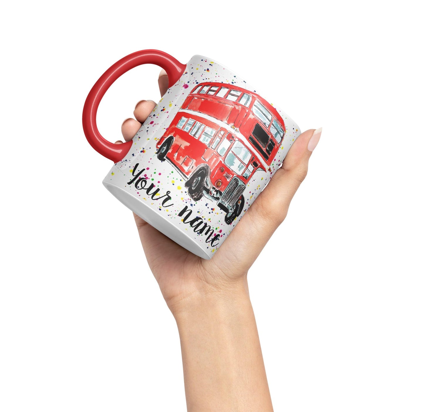 Vixar Personalised with Your Text Red Bus Classic London Busses Watercolour Art Coloured Ceramic Mug Cup Gift 330ml 11oz Custom Work Office Tea Coffe