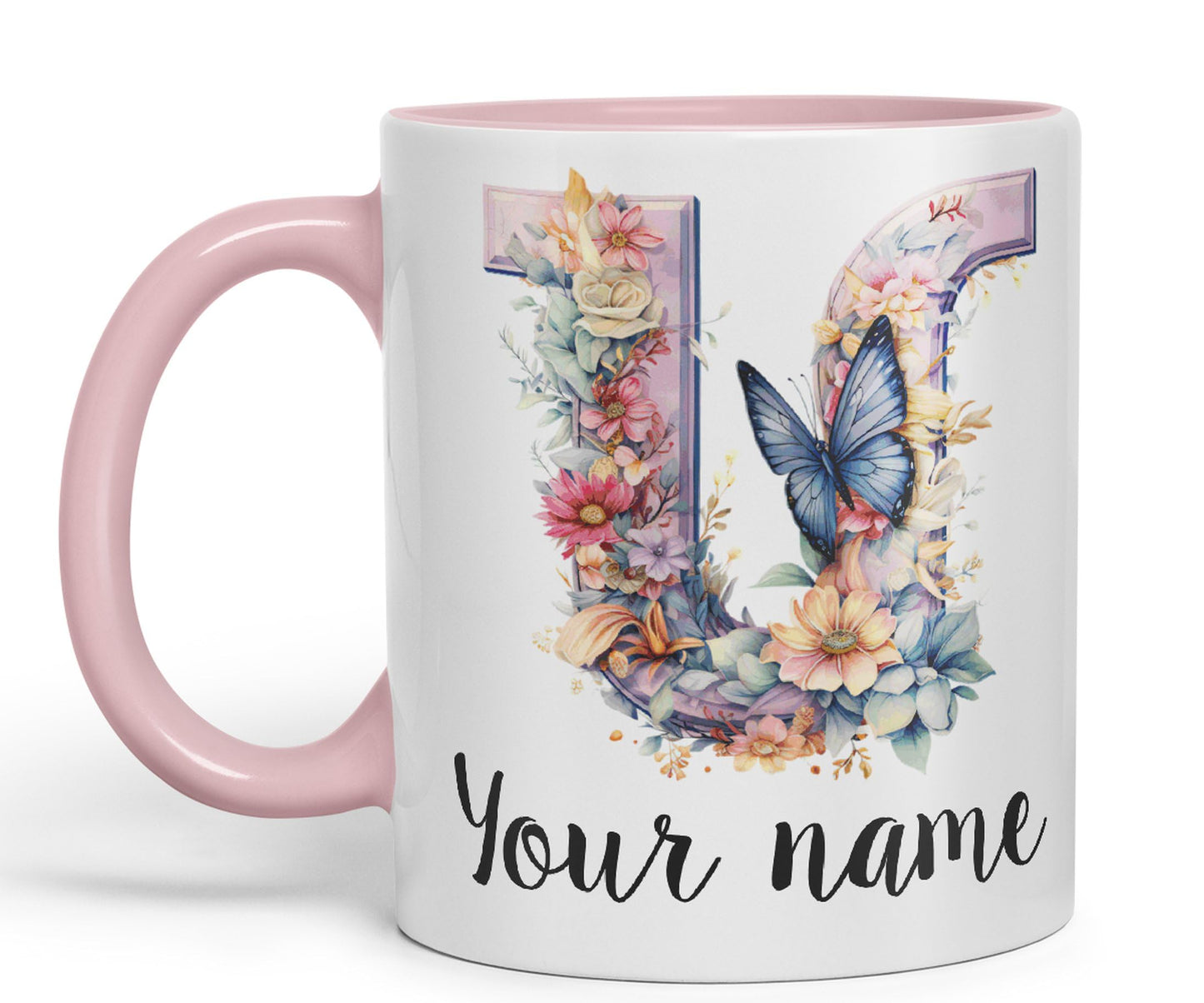 Personalised Letter U mug, Customized Custom Floral flowers butterfly Alphabet Letter U Monogram watercolour Ceramic Coloured Mug Cup for Tea Coffee Hot brew 330ml 11Oz Gift