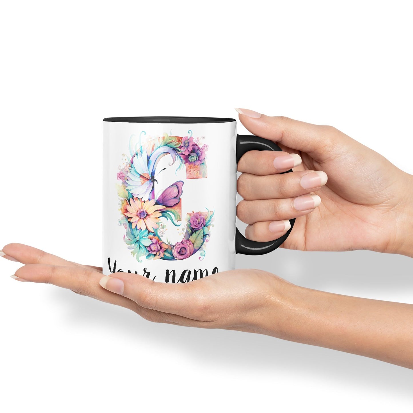 Personalised Letter C mug, Customized Custom Floral flowers butterfly Alphabet Letter C Monogram watercolour Ceramic Coloured Mug Cup for Tea Coffee Hot brew 330ml 11Oz Gift