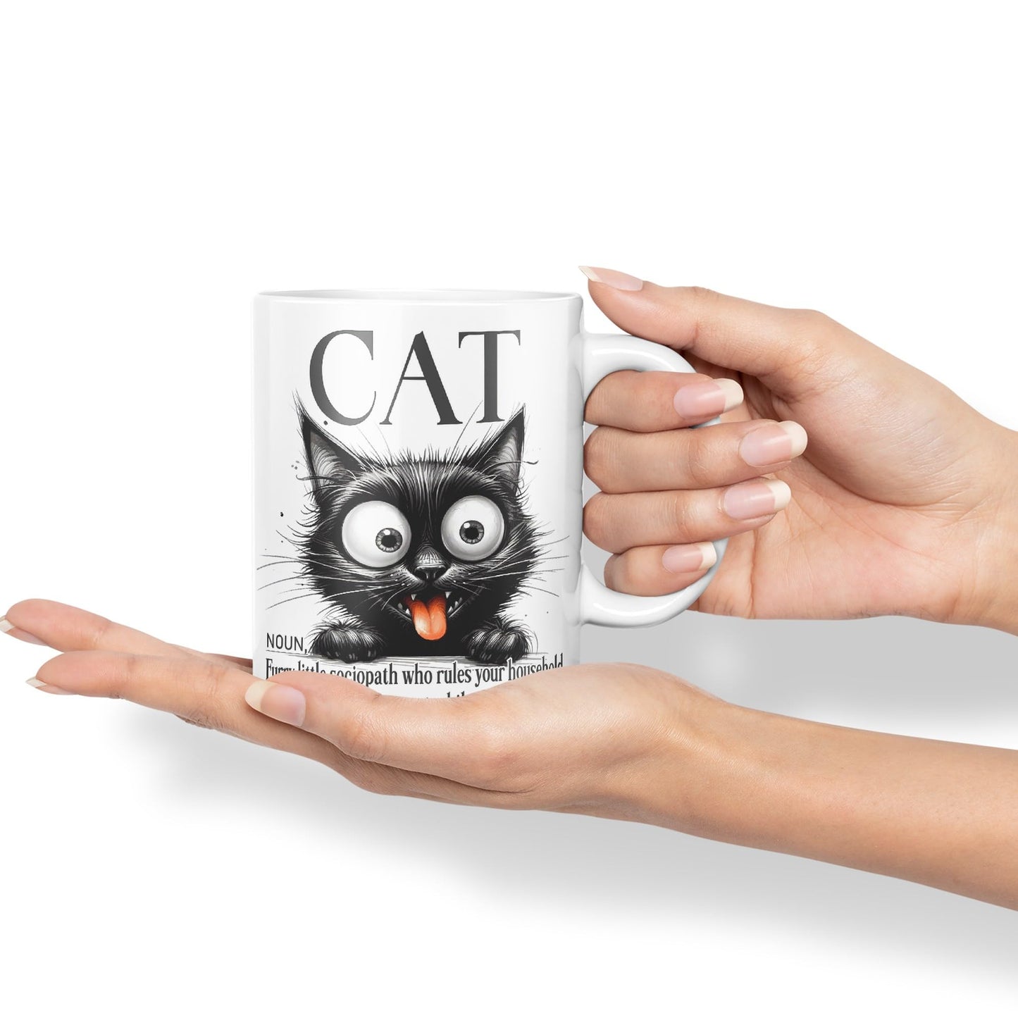 Cat Noun, Furry Little sociapath who Rules Your Household and Looks Innocent White Doing so, Joke sarkasm Sarcastic Ceramic Coloured Mug Cup for Tea Coffee Hot Brew 330ml 11Oz Gift