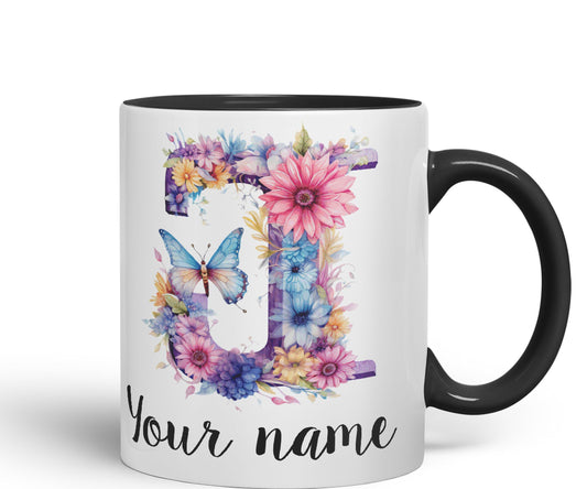 Personalised Letter J mug, Customized Custom Floral flowers butterfly Alphabet Letter J Monogram watercolour Ceramic Coloured Mug Cup for Tea Coffee Hot brew 330ml 11Oz Gift