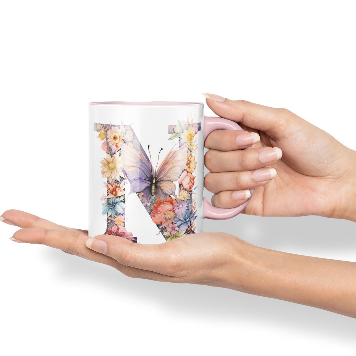 Letter N mug, Floral flowers butterfly Alphabet Letter N Monogram watercolour Ceramic Coloured Mug Cup for Tea Coffee Hot brew 330ml 11Oz Gift