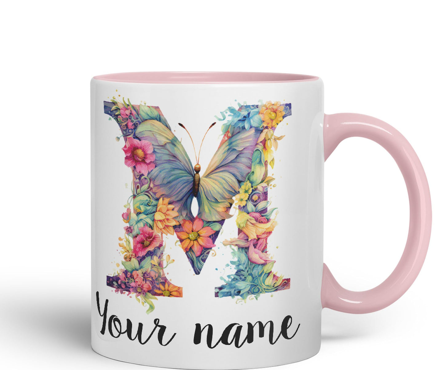 Personalised Letter M mug, Customized Custom Floral flowers butterfly Alphabet Letter M Monogram watercolour Ceramic Coloured Mug Cup for Tea Coffee Hot brew 330ml 11Oz Gift