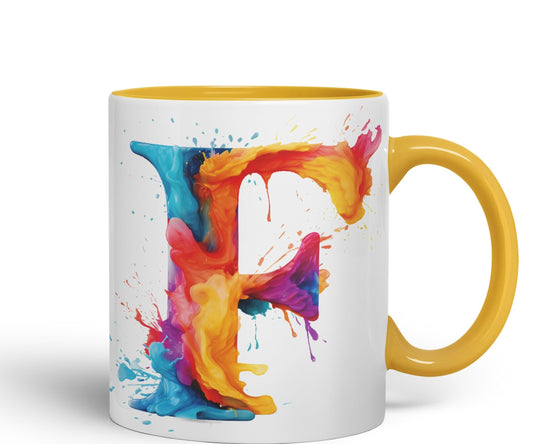 Letter F mug, Alphabet Letter F Monogram watercolour Ceramic Coloured Mug Cup for Tea Coffee Hot brew 330ml 11Oz Gift