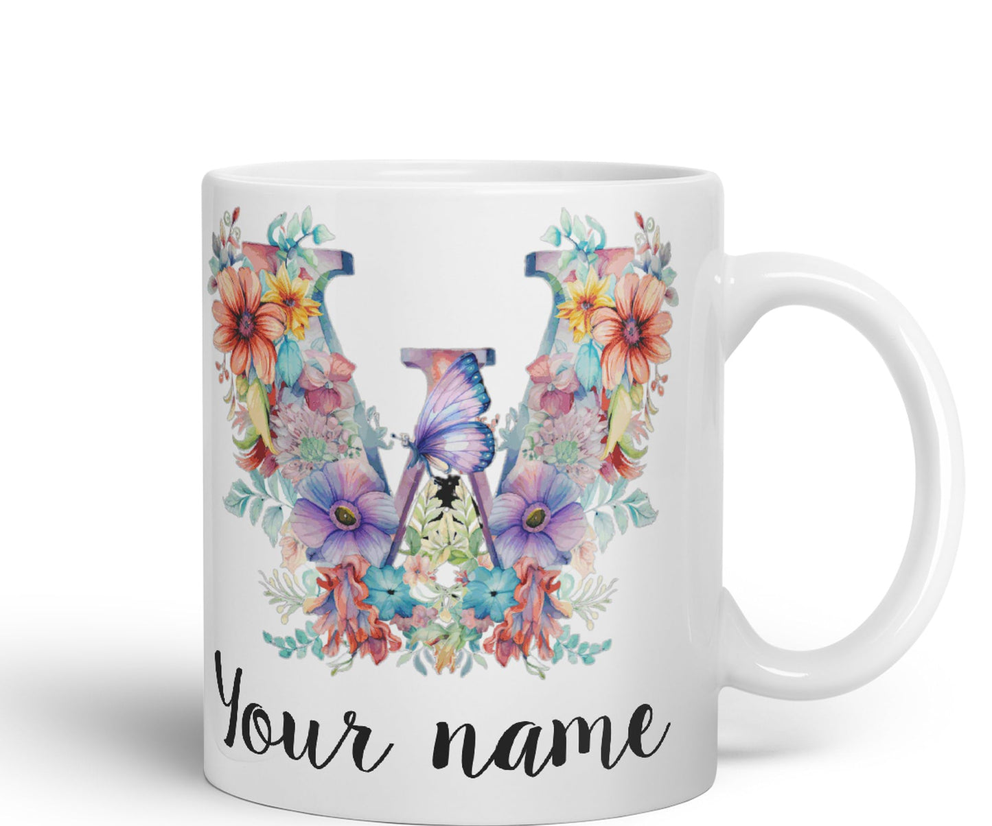 Personalised Letter W mug, Customized Custom Floral flowers butterfly Alphabet Letter W Monogram watercolour Ceramic Coloured Mug Cup for Tea Coffee Hot brew 330ml 11Oz Gift