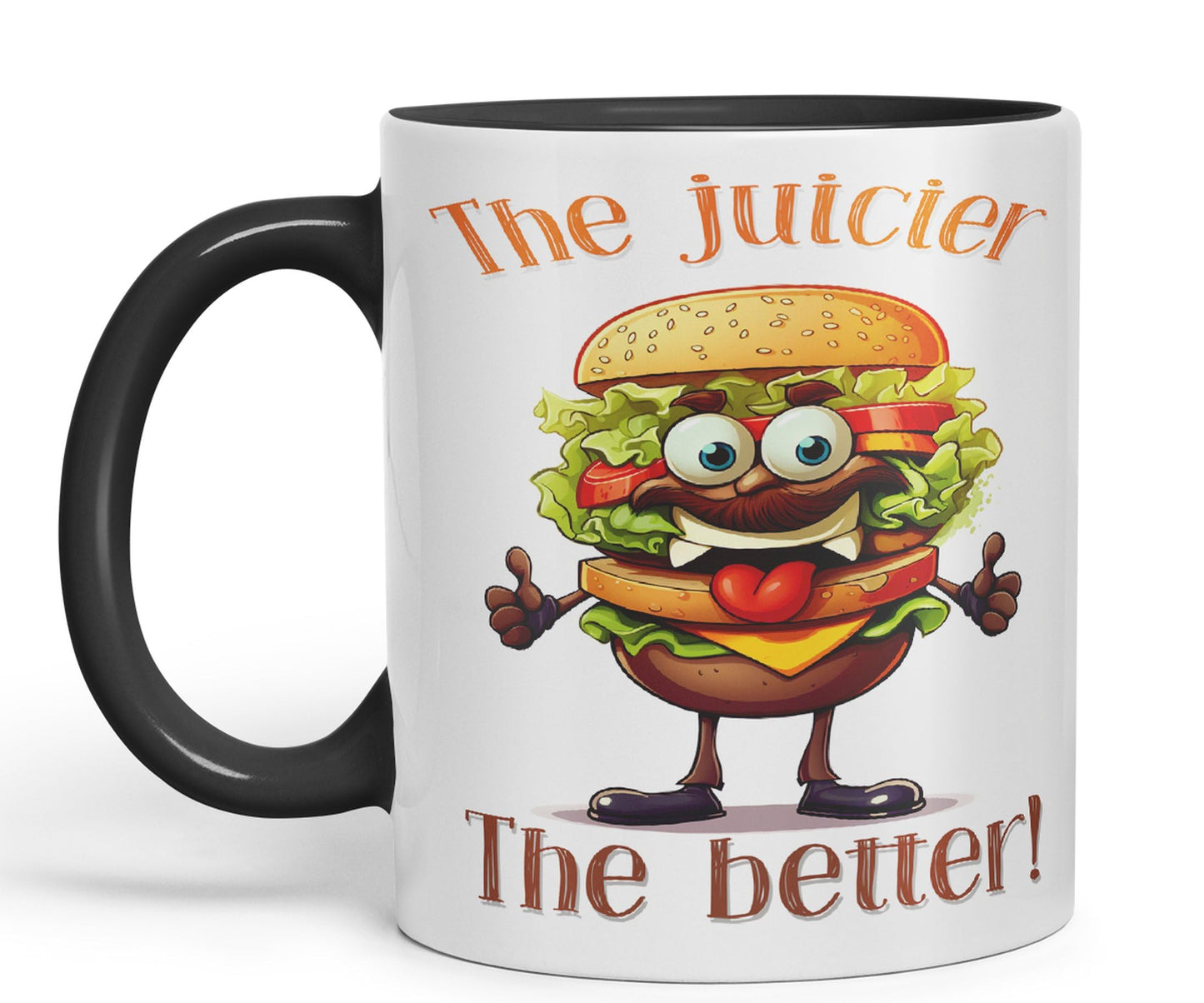 The Juicier The Better Burger, Joke sarkasm Sarcastic Ceramic Coloured Mug Cup for Tea Coffee Hot Brew 330ml 11Oz Gift