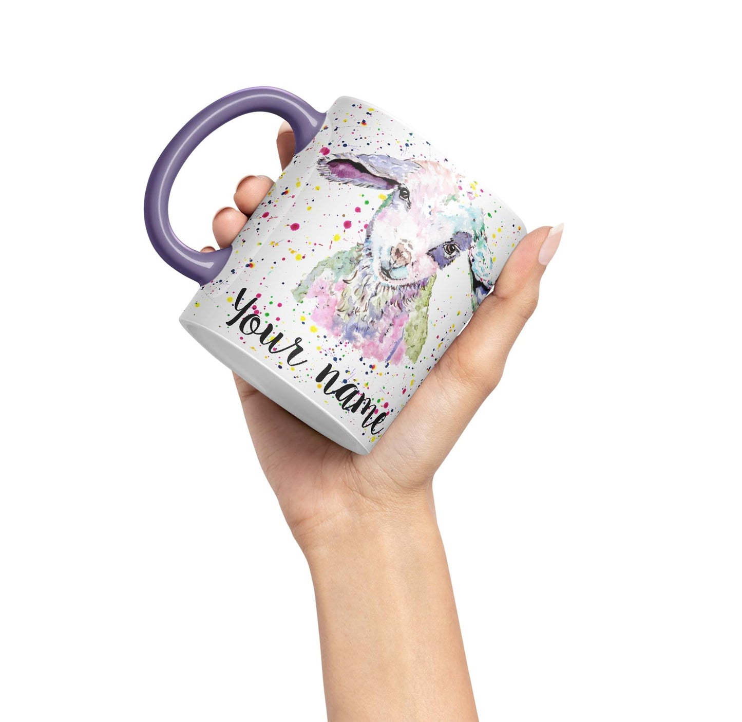 Vixar Personalised with Your Text Lamb Sheep Hogget Farm Animals Watercolour Art Coloured Ceramic Mug Cup Gift 330ml 11oz Custom Work Office Tea Coffee