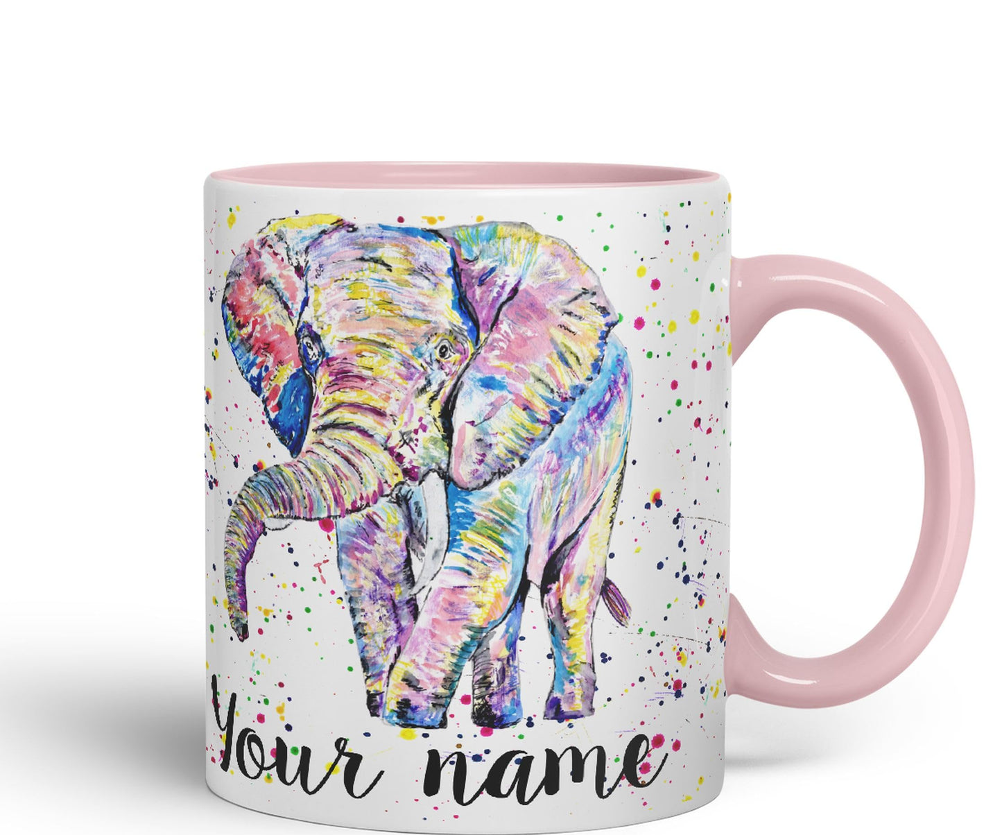 Vixar Personalised with Your Text Elephant Forward Facing Wild Animals Watercolour Art Coloured Ceramic Mug Cup Gift 330ml 11oz Custom Work Office Tea Coffee