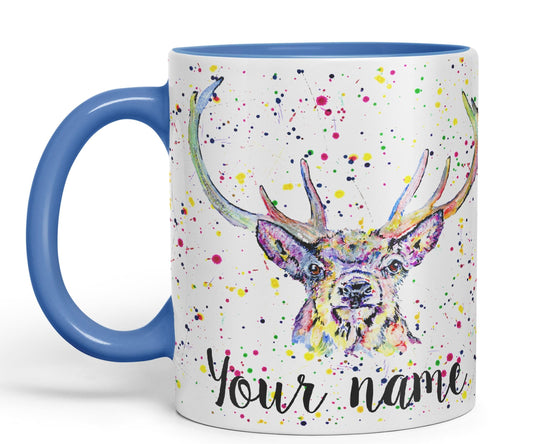 Vixar Personalised with Your Text Stag Deer Wildlife Animals Watercolour Art Coloured Ceramic Mug Cup Gift 330ml 11oz Custom Work Office Tea Coffee (O2)