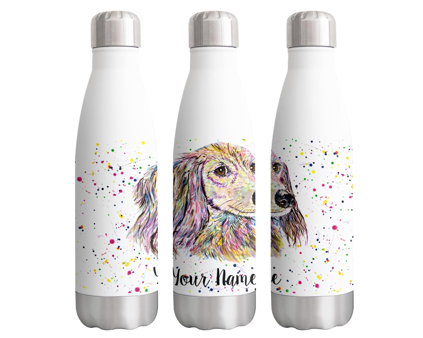 Dachshund Long Hair Personalised Custom Bottle with Your Text/Name Sausage Dog Wiener pet Watercolour Animals Bottle Double Wall Insulated Stainless Steel Sport Drinks 500ml