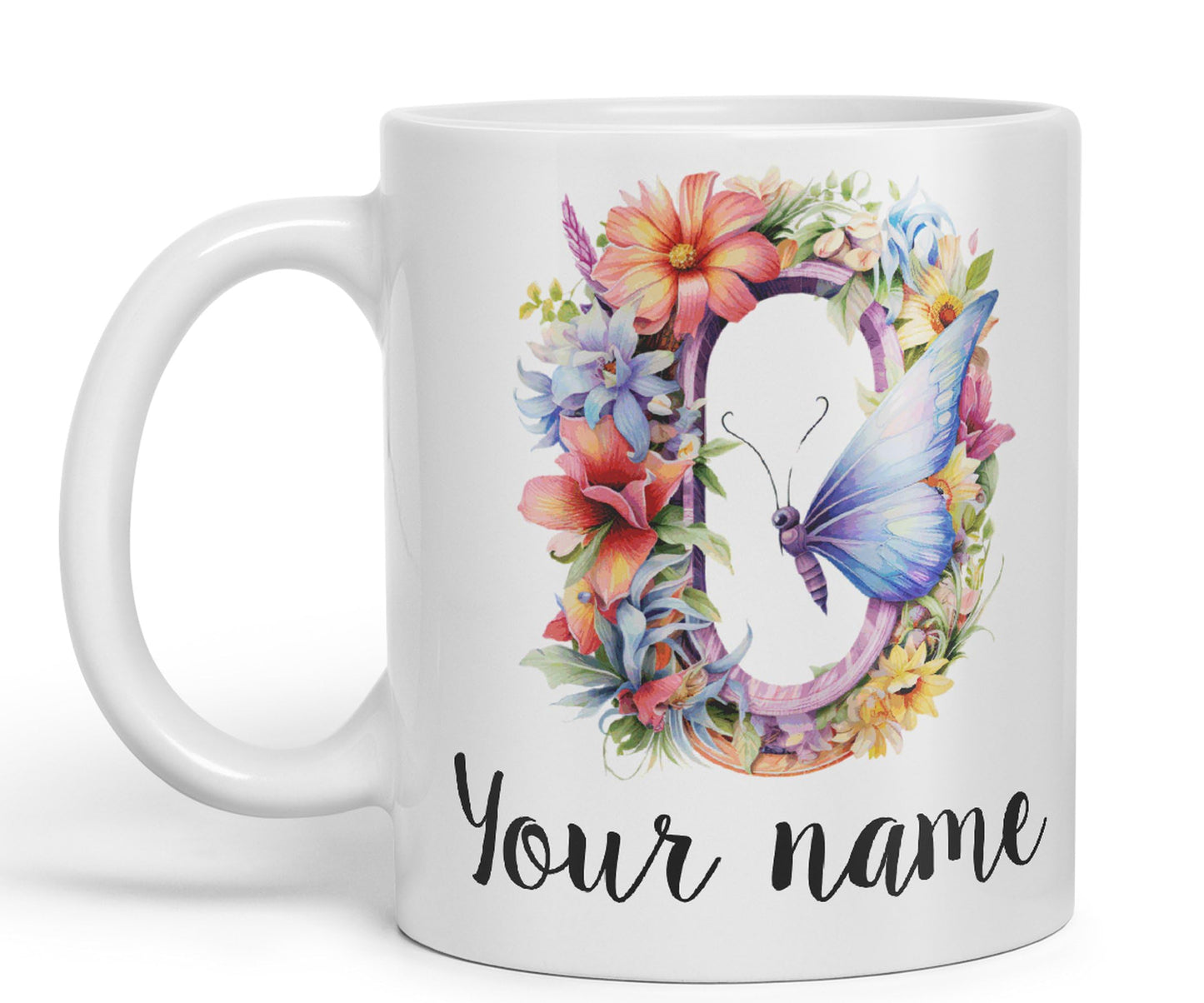 Personalised Letter O mug, Customized Custom Floral flowers butterfly Alphabet Letter O Monogram watercolour Ceramic Coloured Mug Cup for Tea Coffee Hot brew 330ml 11Oz Gift