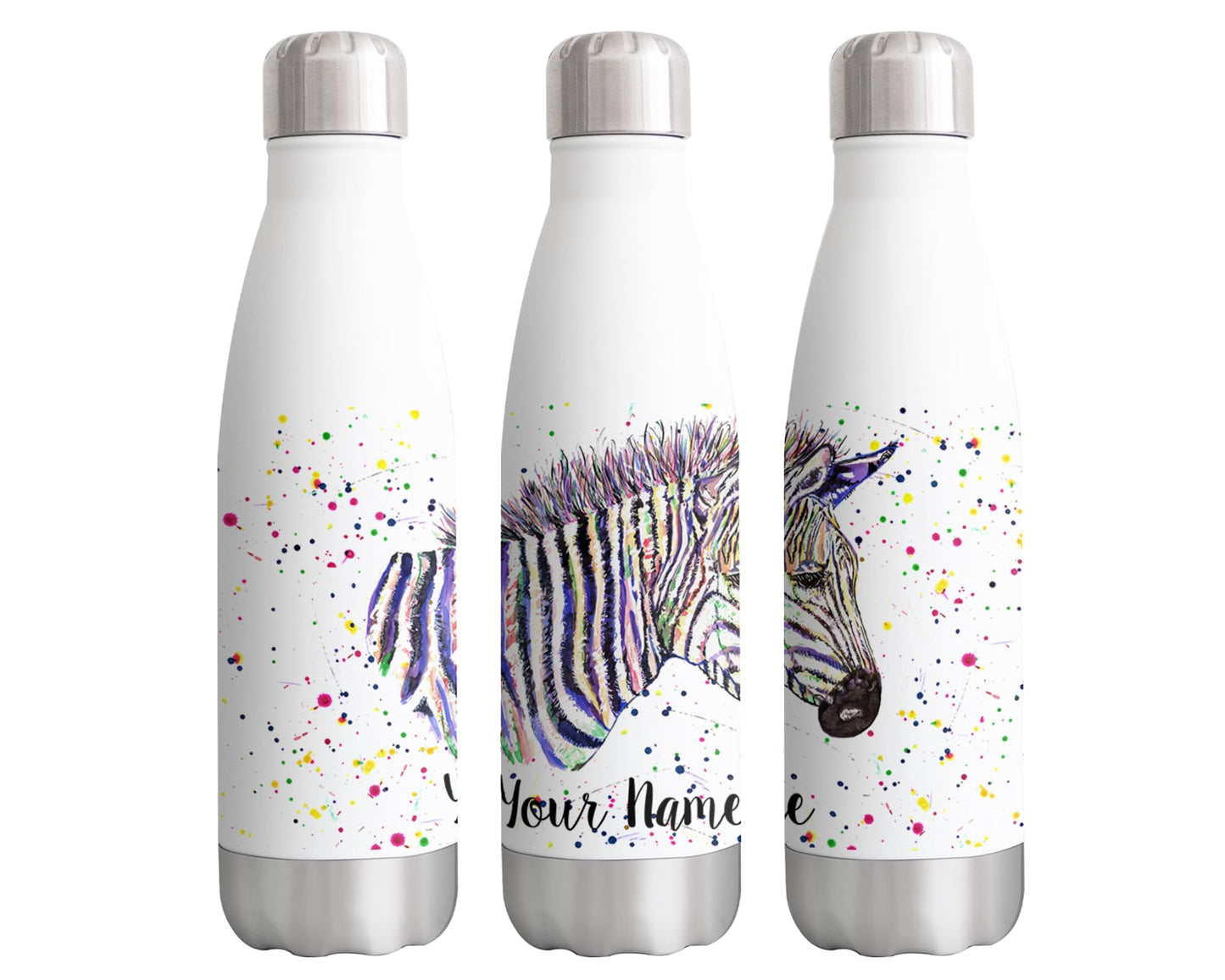 Vixar Zebra Personalised Custom Bottle with your Text/name Watercolour safari wildlife Animals Bottle Double Wall Insulated Stainless Steel Sport Drinks 500ml