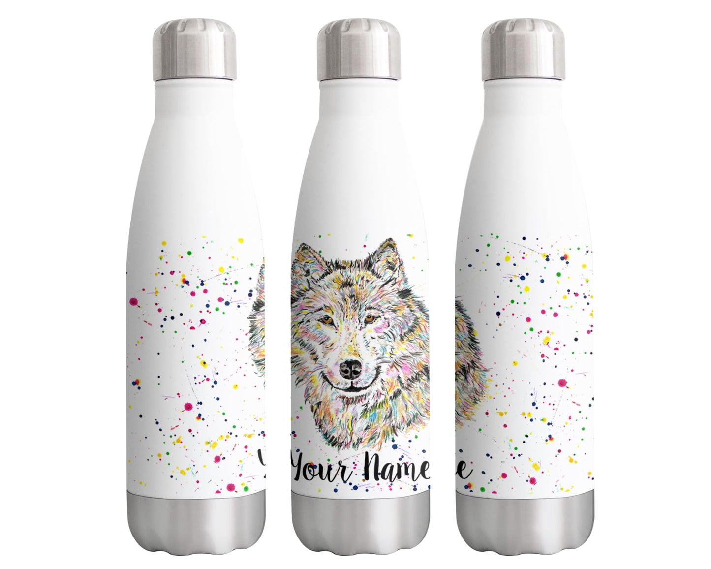 Vixar Wolf Personalised Custom Bottle with your Text/name Watercolour wolves Animals Bottle Double Wall Insulated Stainless Steel Sport Drinks 500ml