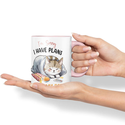I'm Sorry, I Have Plans with My Bed, cat Sarcastic Joke Ceramic Coloured Mug Cup for Tea Coffee Hot Brew 330ml 11Oz
