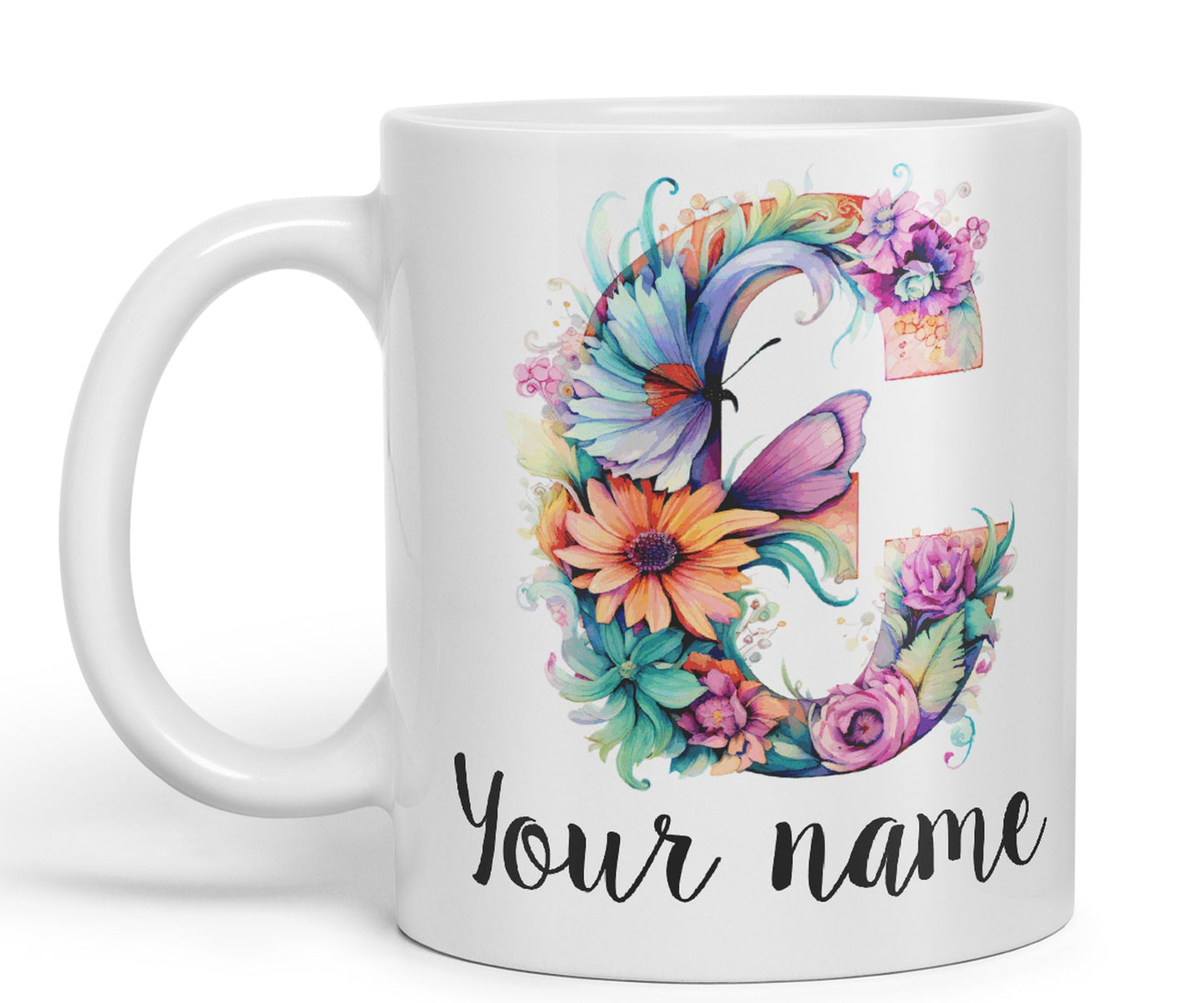 Personalised Letter C mug, Customized Custom Floral flowers butterfly Alphabet Letter C Monogram watercolour Ceramic Coloured Mug Cup for Tea Coffee Hot brew 330ml 11Oz Gift