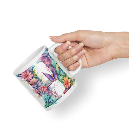 Letter H mug, Floral flowers butterfly Alphabet Letter H Monogram watercolour Ceramic Coloured Mug Cup for Tea Coffee Hot brew 330ml 11Oz Gift