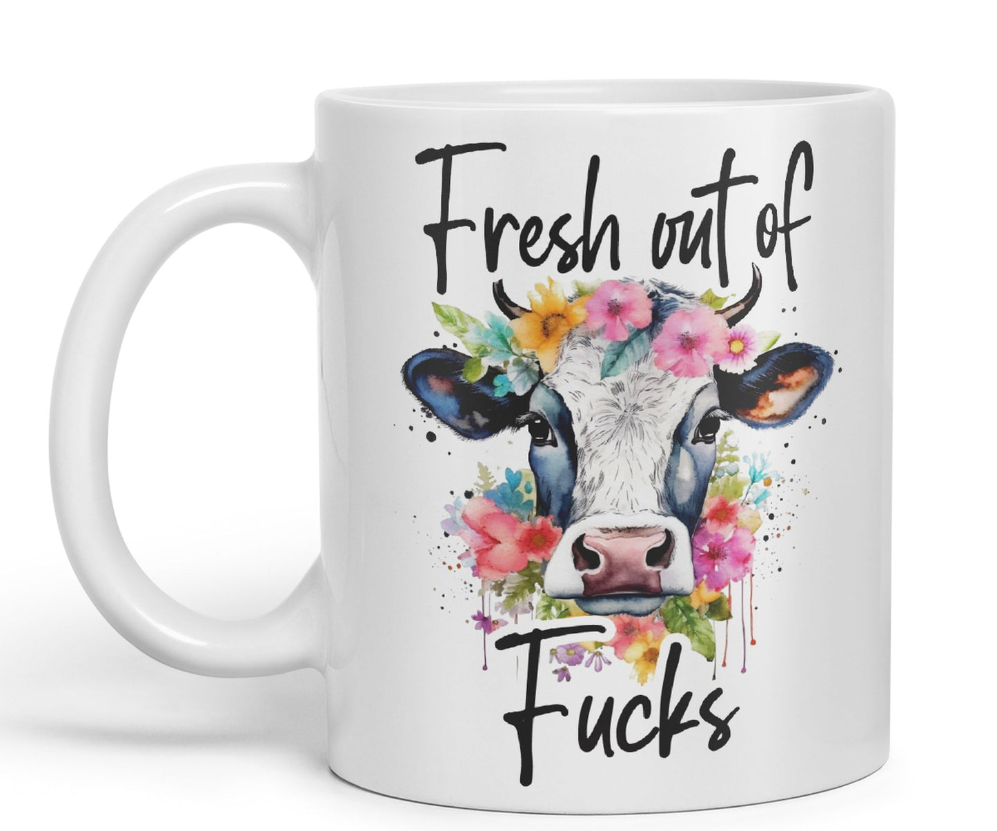 Fresh Out of Fu Cow Joke sarkasm Sarcastic Ceramic Coloured Mug Cup for Tea Coffee Hot Brew 330ml 11Oz Gift