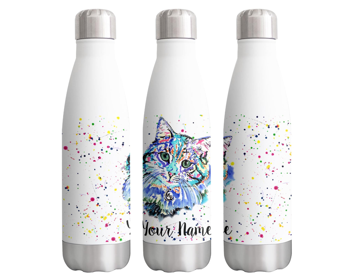 Cat Blue Personalised Custom Bottle with Your Text/Name Kitten pet Watercolour Animals Bottle Double Wall Insulated Stainless Steel Sport Drinks 500ml