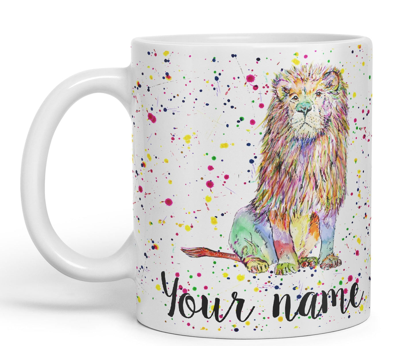 Vixar Personalised with Your Text Lion Cat King Safari Animals Watercolour Art Coloured Ceramic Mug Cup Gift 330ml 11oz Custom Work Office Tea Coffee