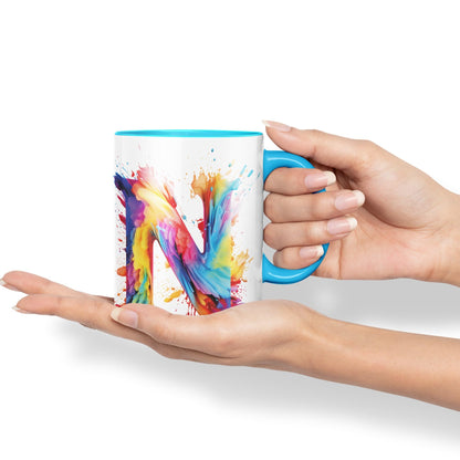Letter N mug, Alphabet Letter N Monogram watercolour Ceramic Coloured Mug Cup for Tea Coffee Hot brew 330ml 11Oz Gift