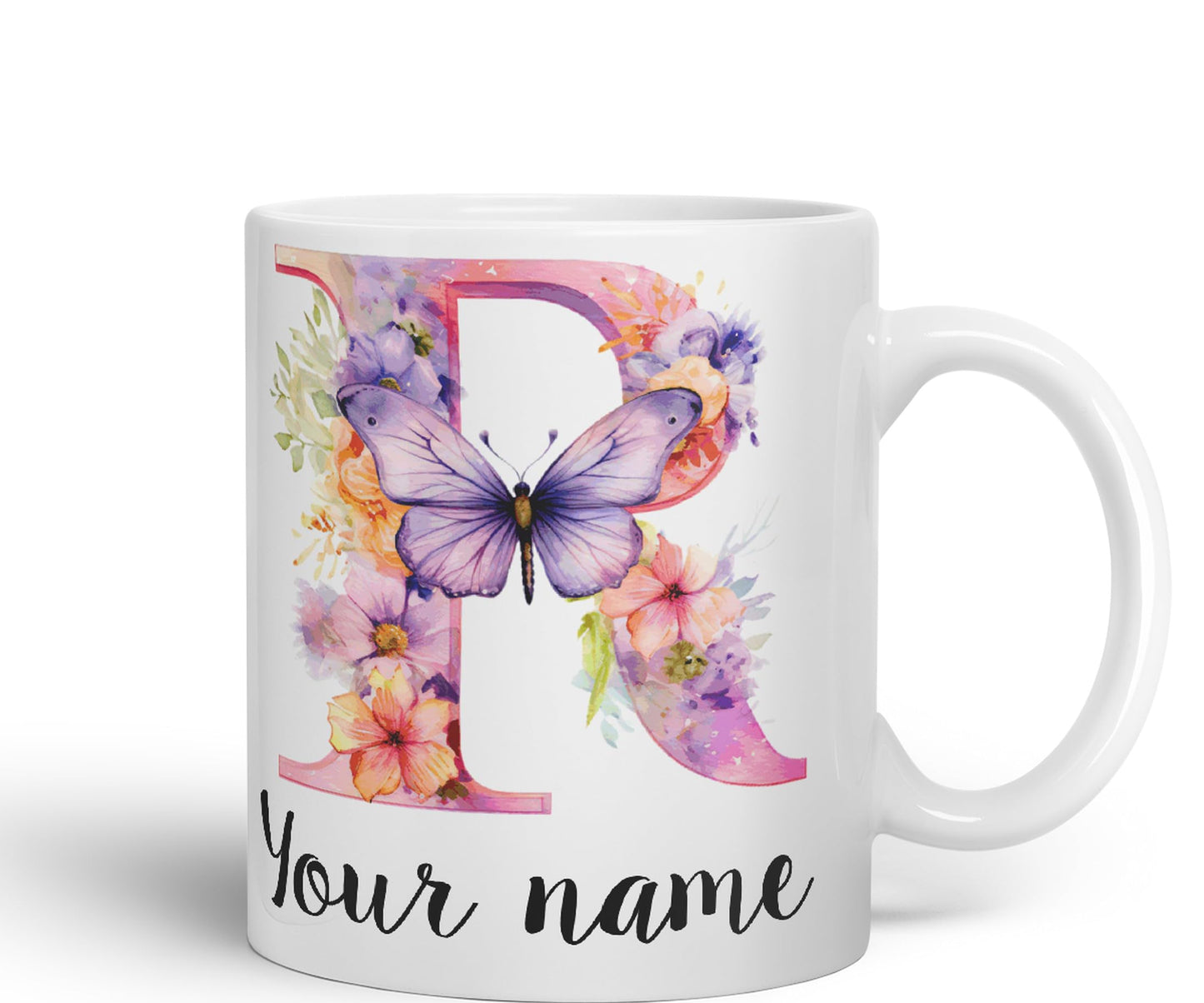 Personalised Letter R mug, Customized Custom Floral flowers butterfly Alphabet Letter R Monogram watercolour Ceramic Coloured Mug Cup for Tea Coffee Hot brew 330ml 11Oz Gift