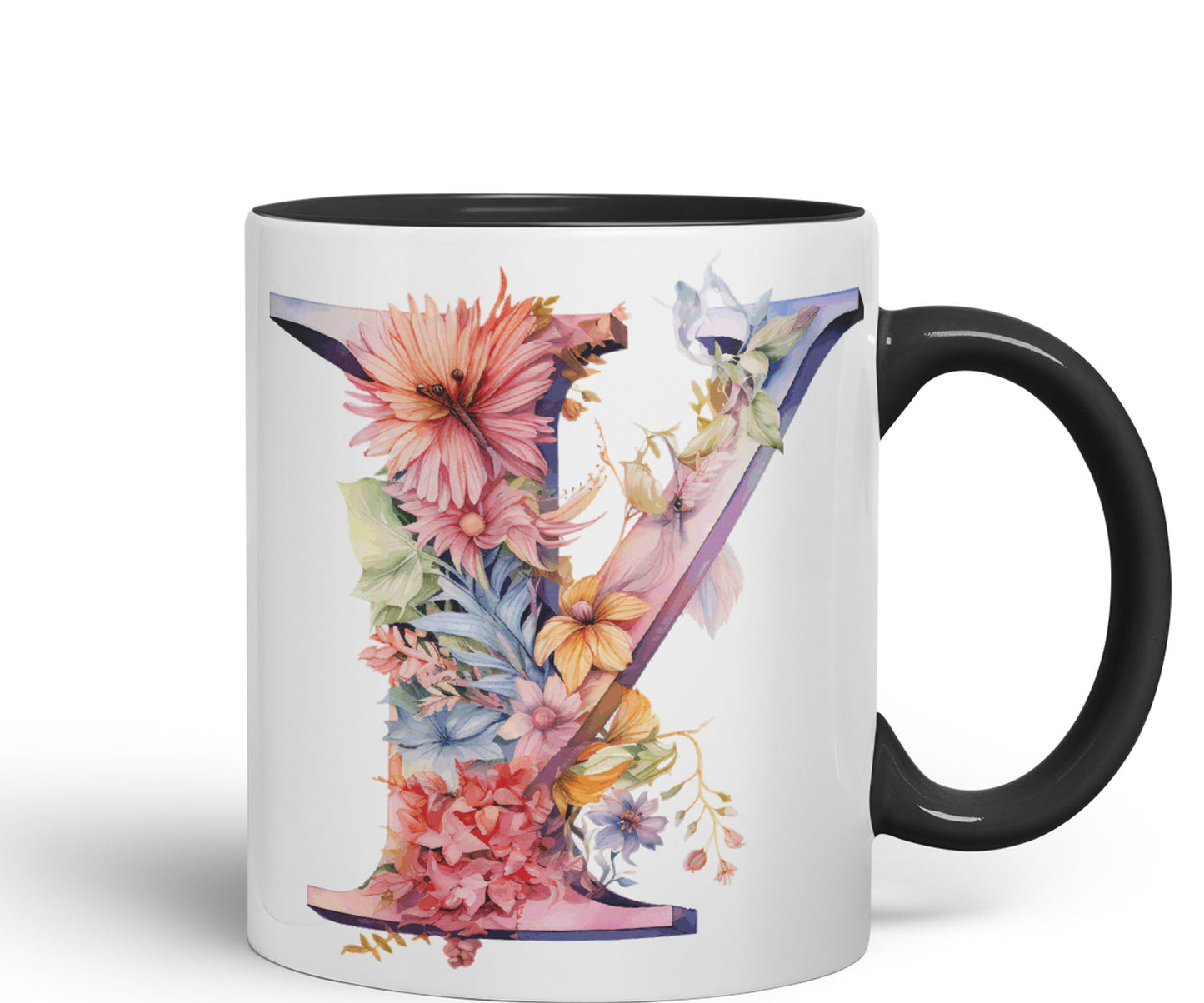 Letter Y mug, Floral flowers butterfly Alphabet Letter Y Monogram watercolour Ceramic Coloured Mug Cup for Tea Coffee Hot brew 330ml 11Oz Gift