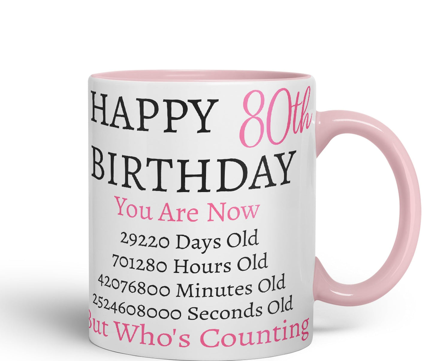 Vixar But Who's Counting Happy 80th Birthday Ceramic Coloured Mug Cup Gift Days Hours Minutes (Pink)
