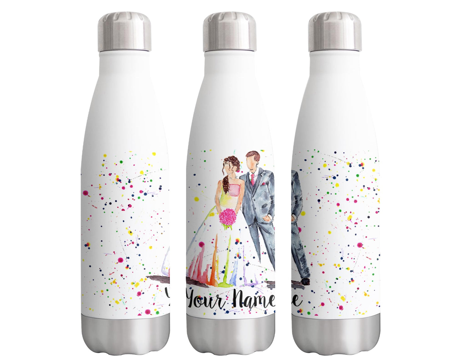 Vixar Wedding Personalised Custom Bottle with your Text/name Mr and Mrs Bride and Groom Watercolour Bottle Double Wall Insulated Stainless Steel Sport Drinks 500ml