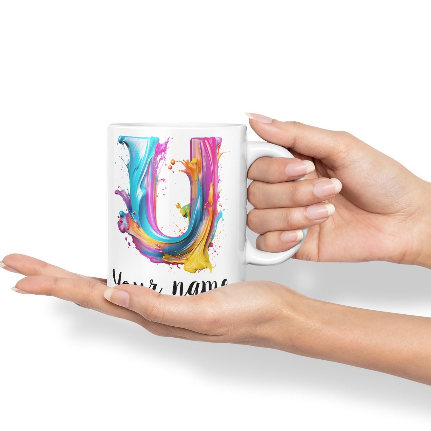 Personalised Letter U mug, Alphabet cusomized custom Letter U Monogram watercolour Ceramic Coloured Mug Cup for Tea Coffee Hot brew 330ml 11Oz Gift