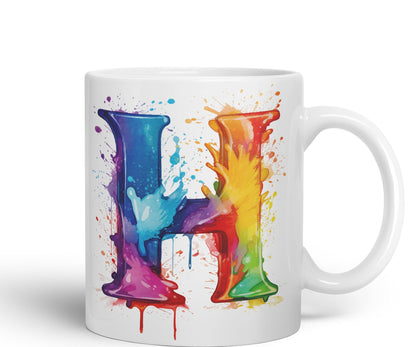 Letter H mug, Alphabet Letter H Monogram watercolour Ceramic Coloured Mug Cup for Tea Coffee Hot brew 330ml 11Oz Gift