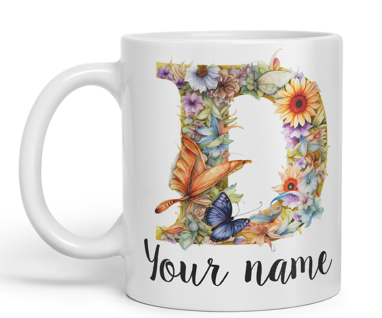 Personalised Letter D mug, Customized Custom Floral flowers butterfly Alphabet Letter D Monogram watercolour Ceramic Coloured Mug Cup for Tea Coffee Hot brew 330ml 11Oz Gift