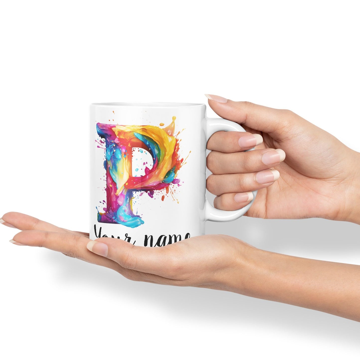 Personalised Letter P mug, Alphabet cusomized custom Letter P Monogram watercolour Ceramic Coloured Mug Cup for Tea Coffee Hot brew 330ml 11Oz Gift